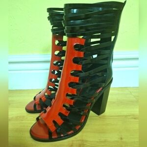 NEW Jeffrey Campbell red black leather caged gladiator heels open toe boots 9